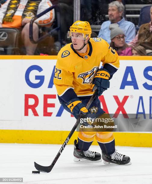 Tyson Barrie of the Nashville Predators skates against the New Jersey Devils during an NHL game at Bridgestone Arena on February 13, 2024 in...