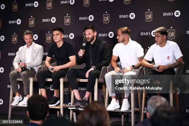 Los Angeles Football Club goalkeeper Hugo Lloris speaks as team co-President and General Manager John Thorrington, midfielder Eduard Atuesta, forward...