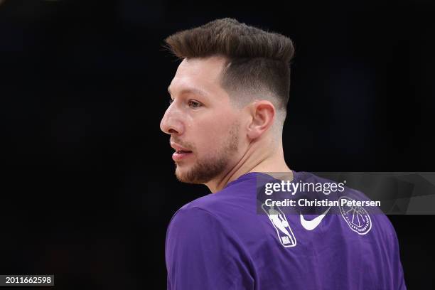 Drew Eubanks of the Phoenix Suns warms up before the NBA game against the Detroit Pistons at Footprint Center on February 14, 2024 in Phoenix,...