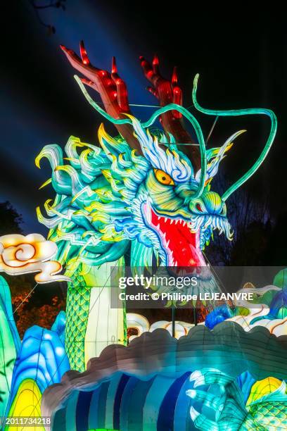 dragon lanterns illuminated at night in jinli ancient street - chinese dragon stock-fotos und bilder