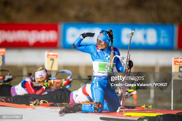 Dorothea Wierer of Italy looks on during the Women 4x6km Relay at the IBU World Championships Biathlon Nove Mesto na Morave on February 17, 2024 in...