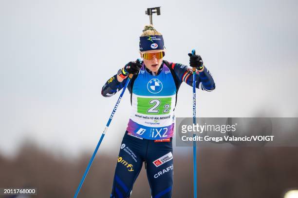 Sophie Chauveau of France in action during the Women 4x6km Relay at the IBU World Championships Biathlon Nove Mesto na Morave on February 17, 2024 in...