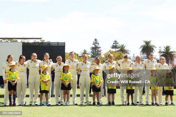 Australia observe the National Anthem during day one of the Women's Test Match between Australia and South Africa at WACA on February 15, 2024 in...