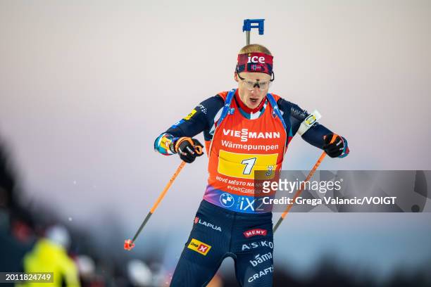 Johannes Thingnes Boe of Norway in action during the Men 4x7.5km Relay at the IBU World Championships Biathlon Nove Mesto na Morave on February 17,...
