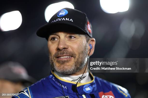 Jimmie Johnson, driver of the Carvana Toyota, looks on during qualifying for the NASCAR Cup Series Daytona 500 at Daytona International Speedway on...