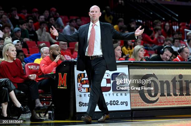 Head coach Kevin Willard of the Maryland Terrapins reacts to a call in the second half against the Iowa Hawkeyes at Xfinity Center on February 14,...