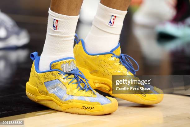 Close up of the sneakers worn by Russell Westbrook of the LA Clippers during their game against the Golden State Warriors in the first half at Chase...