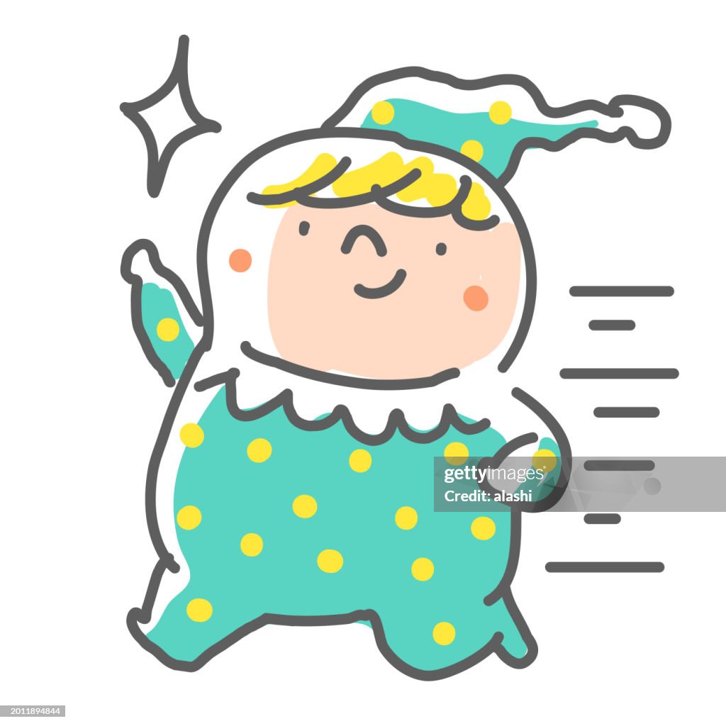 Hand Drawing Line Art: A cute boy in pajamas or performance clothes is running