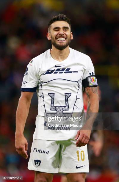 Eduardo Salvio of Pumas gestures during the 9th round mach between Atlas and Pumas UNAM as part of the Torneo Clausura 2024 Liga MX at Jalisco...