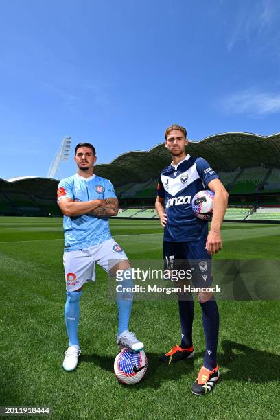 Marco Tilio of Melbourne City and Ryan Teague of the Victory pose for a photo during a Melbourne A-League media opportunity at AAMI Park on February...