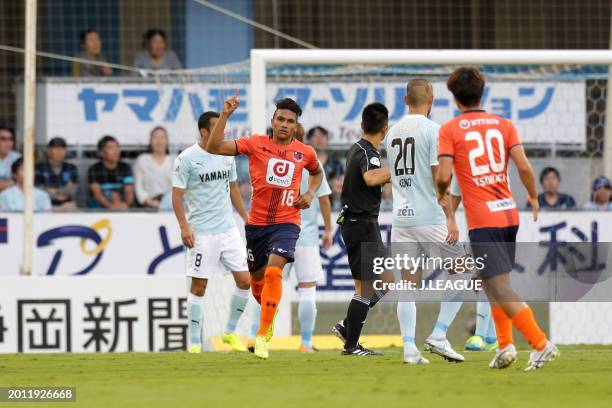 Mateus Castro of Omiya Ardija celebrates after scoring the team's first goal during the J.League J1 match between Júbilo Iwata and Omiya Ardija at...