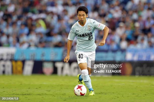 Hayao Kawabe of Júbilo Iwata in action during the J.League J1 match between Júbilo Iwata and Omiya Ardija at Yamaha Stadium on September 23, 2017 in...