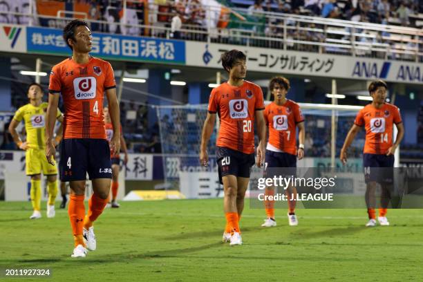 Omiya Ardija players look dejected after the team's 1-2 defeat in during the J.League J1 match between Júbilo Iwata and Omiya Ardija at Yamaha...