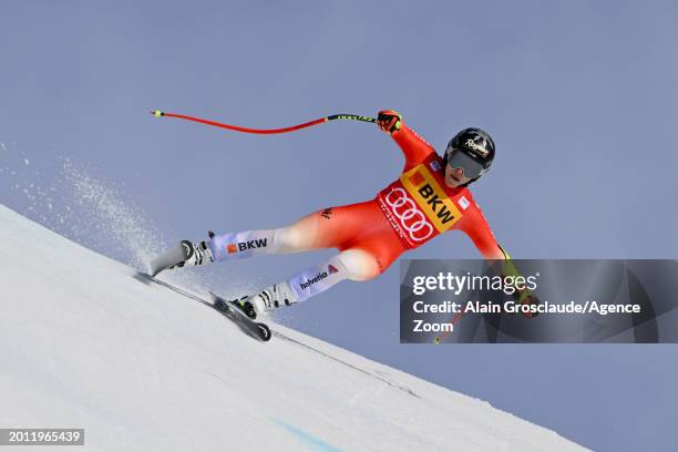 Lara Gut-behrami of Team Switzerland in action during the Audi FIS Alpine Ski World Cup Women's Super G on February 18, 2024 in Crans Montana,...