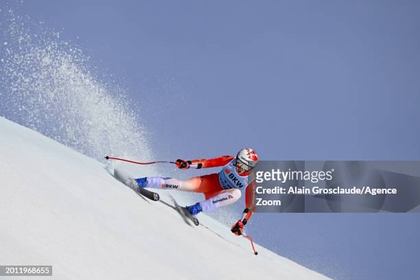 Michelle Gisin of Team Switzerland in action during the Audi FIS Alpine Ski World Cup Women's Super G on February 18, 2024 in Crans Montana,...