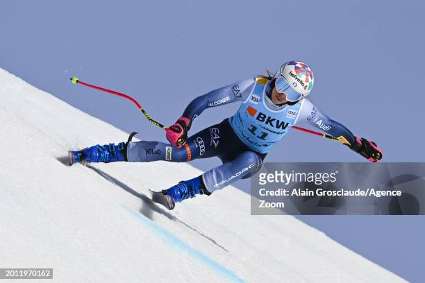 Marta Bassino of Team Italy in action during the Audi FIS Alpine Ski World Cup Women's Super G on February 18, 2024 in Crans Montana, Switzerland.