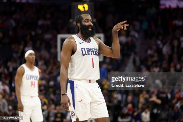 James Harden of the LA Clippers reacts after making two free throws to clinch the victory for the Clippers over the Golden State Warriors at Chase...