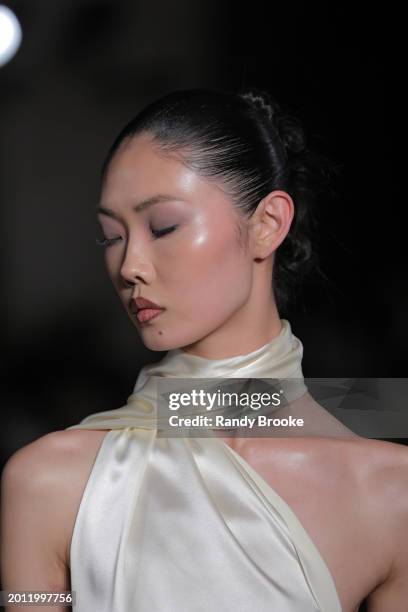 Model walks the runway during the LaQuan Smith February 2024 Fall-Winter 2024 New York Fashion Week show at Cipriani 25 on February 12, 2024 in New...