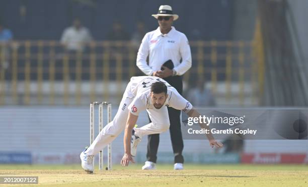 England bowler Mark Wood in action in his bowling follow through during day one of the 3rd Test Match between India and England at Saurashtra Cricket...