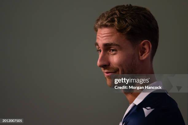 Ryan Teague of the Victory speaks to media during a Melbourne A-League media opportunity at AAMI Park on February 15, 2024 in Melbourne, Australia.