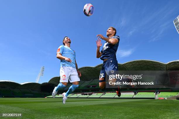 Marco Tilio of Melbourne City and Ryan Teague of the Victory pose for a photo during a Melbourne A-League media opportunity at AAMI Park on February...