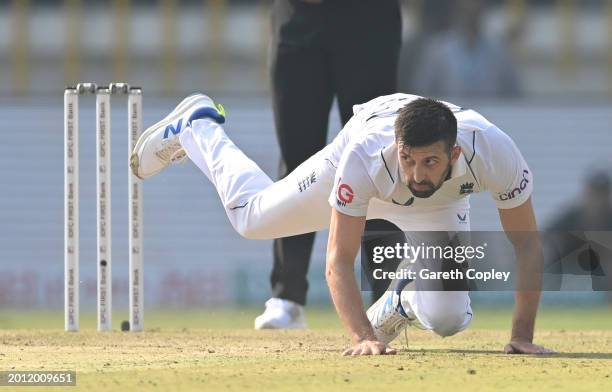 England bowler Mark Wood in action in his bowling follow through during day one of the 3rd Test Match between India and England at Saurashtra Cricket...