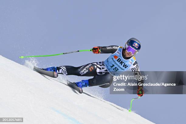 Alice Robinson of Team New Zealand in action during the Audi FIS Alpine Ski World Cup Women's Super G on February 18, 2024 in Crans Montana,...