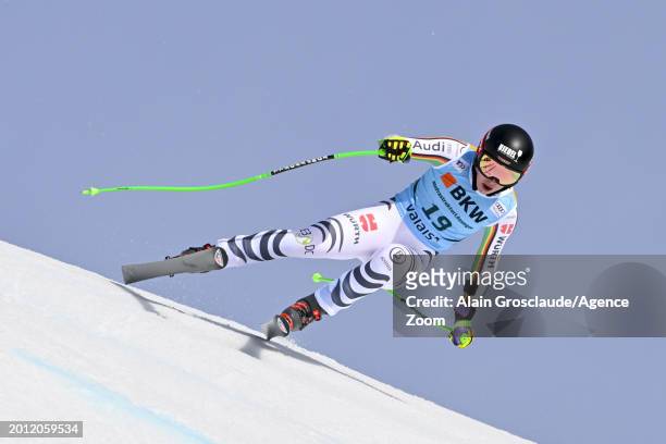 Kira Weidle of Team Germany in action during the Audi FIS Alpine Ski World Cup Women's Super G on February 18, 2024 in Crans Montana, Switzerland.
