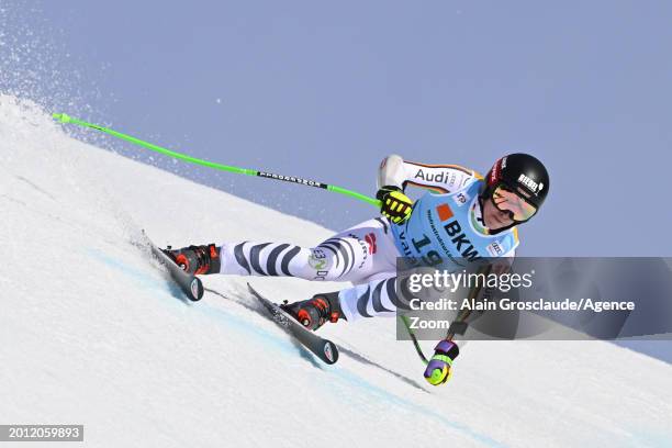 Kira Weidle of Team Germany in action during the Audi FIS Alpine Ski World Cup Women's Super G on February 18, 2024 in Crans Montana, Switzerland.