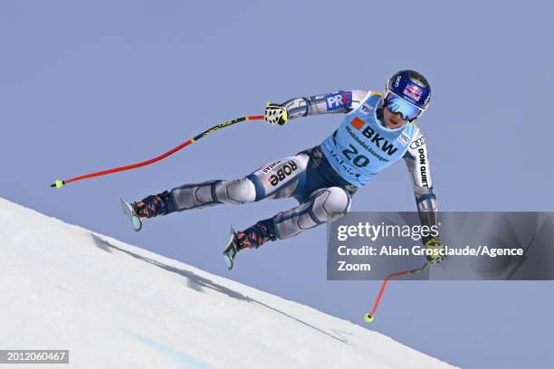 Ester Ledecka of Team Czech Republic in action during the Audi FIS Alpine Ski World Cup Women's Super G on February 18, 2024 in Crans Montana,...