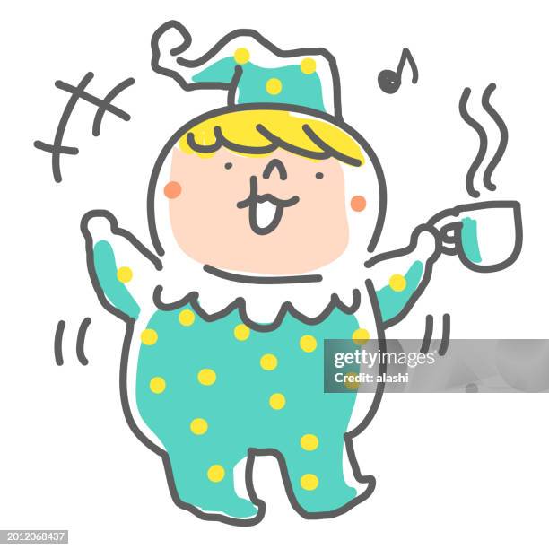 hand drawing line art: a cute boy in pajamas or performance clothes drinks coffee or milk - drinking milk stock illustrations