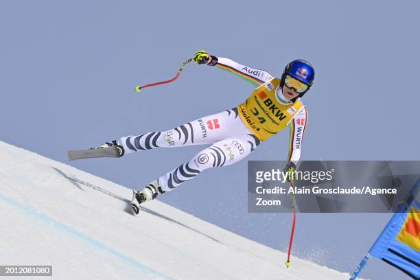 Emma Aicher of Team Germany in action during the Audi FIS Alpine Ski World Cup Women's Super G on February 18, 2024 in Crans Montana, Switzerland.