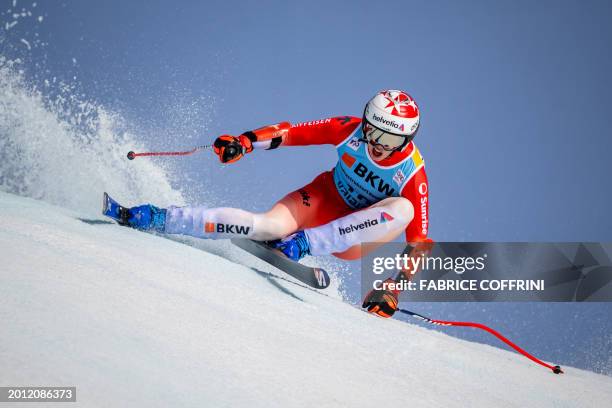 Switzerland's Michelle Gisin competes during the Women's Super G event at the FIS Alpine Ski World Cup in Crans-Montana on February 18, 2024.