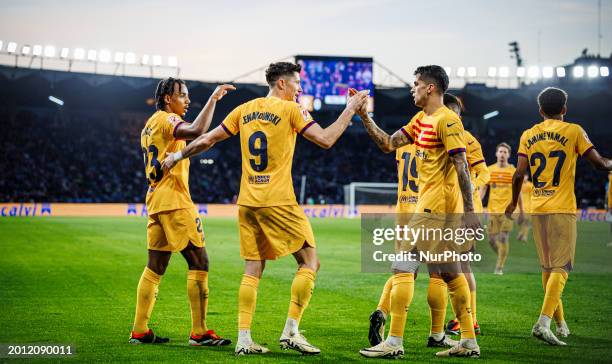 Robert Lewandowski of FC Barcelona is celebrating a goal during the LaLiga EA Sports match between Real Celta de Vigo and FC Barcelona at the Estadio...