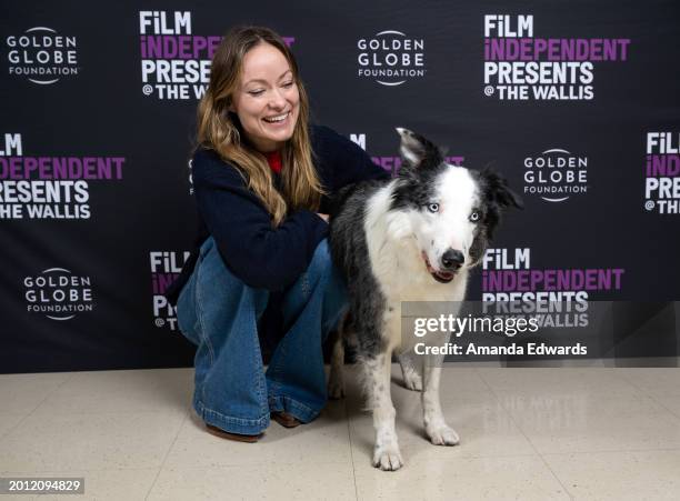 Actress Olivia Wilde and Messi the dog attend the Film Independent Live Read of Justine Triet's "Anatomy Of A Fall" at the Wallis Annenberg Center...