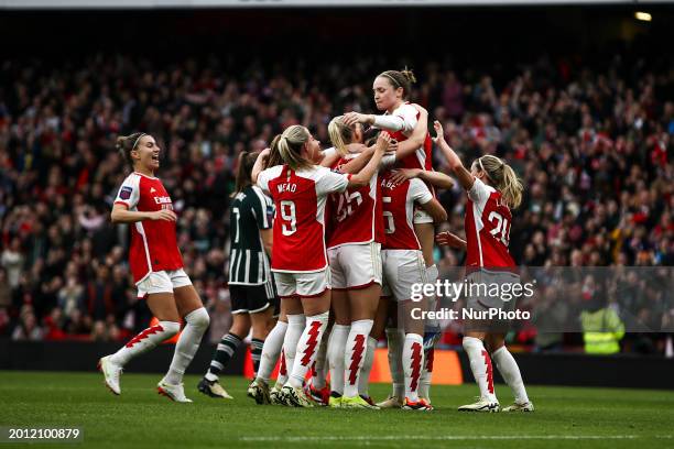 Kim Little is celebrating her goal during the Barclays FA Women's Super League match between Arsenal and Manchester United at the Emirates Stadium in...