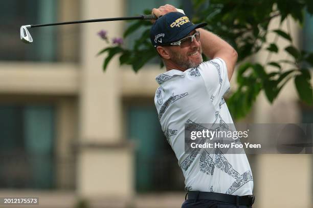 Brendan Jones of Australia in action during the first round of the IRS Prima Malaysian Open at the Mines Resort & Golf Club on February 15, 2024 in...