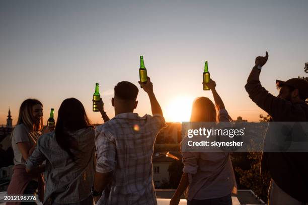 back view of friends drinking beer on a roof at sunset. - öl bildbanksfoton och bilder