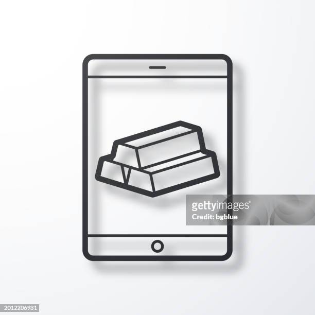 tablet pc with gold bars. line icon with shadow on white background - 3d data bars stock illustrations
