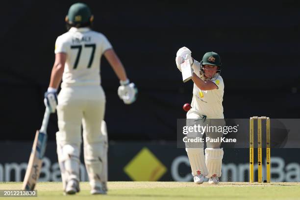 Beth Mooney of Australia bats during day one of the Women's Test Match between Australia and South Africa at the WACA on February 15, 2024 in Perth,...