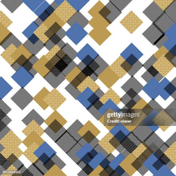 multi color, multi pattern squares pattern - solid gold background stock illustrations