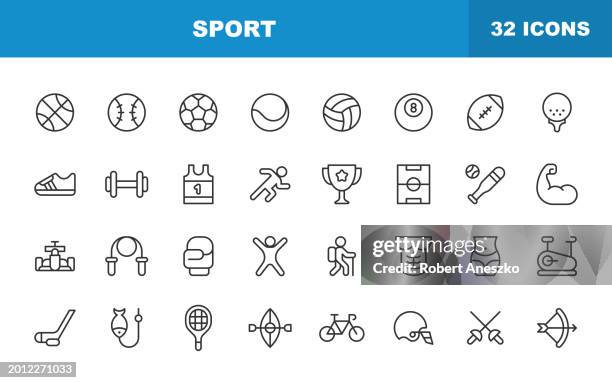 illustrations, cliparts, dessins animés et icônes de icônes de la ligne sport. trait modifiable. contient des icônes telles que athlète, basket-ball, vélo, musculation, boîte, fitness, football, golf, gymnase, randonnée, kayak, jeux olympiques, piscine, course, course à pied, football. - mêlée rugby