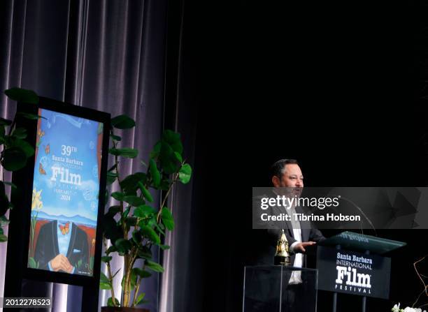 Scott Feinberg speaks onstage at the Cinema Vanguard Award ceremony during the 39th Annual Santa Barbara International Film Festival on February 14,...