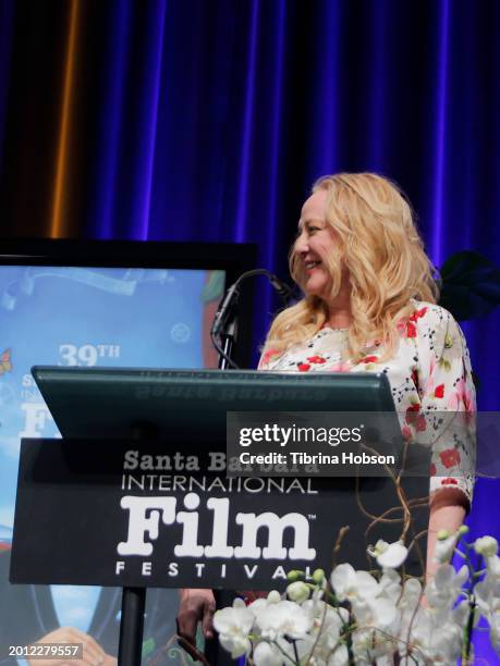 Virginia Madsen presents the Cinema Vanguard Award to Paul Giamatti during the 39th Annual Santa Barbara International Film Festival on February 14,...