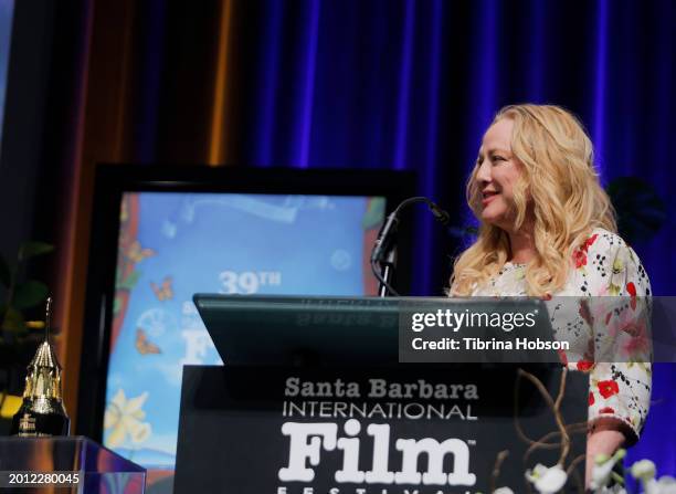 Virginia Madsen presents the Cinema Vanguard Award to Paul Giamatti during the 39th Annual Santa Barbara International Film Festival on February 14,...