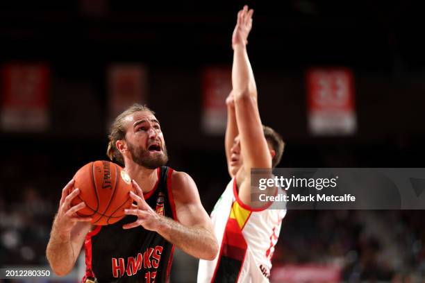 Sam Froling of the drives to the basket during the round 20 NBL match between Illawarra Hawks and Perth Wildcats at WIN Entertainment Centre, on...