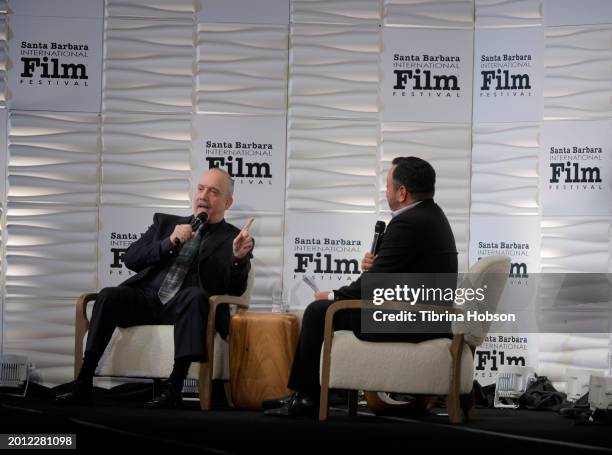 Paul Giamatti and Scott Feinberg speak onstage at the Cinema Vanguard Award ceremony during the 39th Annual Santa Barbara International Film Festival...
