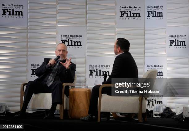 Paul Giamatti and Scott Feinbergspeak onstage at the Cinema Vanguard Award ceremony during the 39th Annual Santa Barbara International Film Festival...