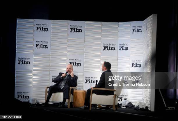 Paul Giamatti and Scott Feinberg speak onstage at the Cinema Vanguard Award ceremony during the 39th Annual Santa Barbara International Film Festival...