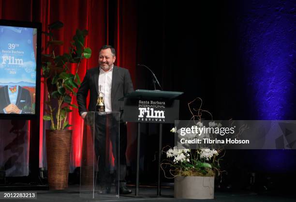 Scott Feinberg speaks onstage at the Cinema Vanguard Award ceremony during the 39th Annual Santa Barbara International Film Festival on February 14,...